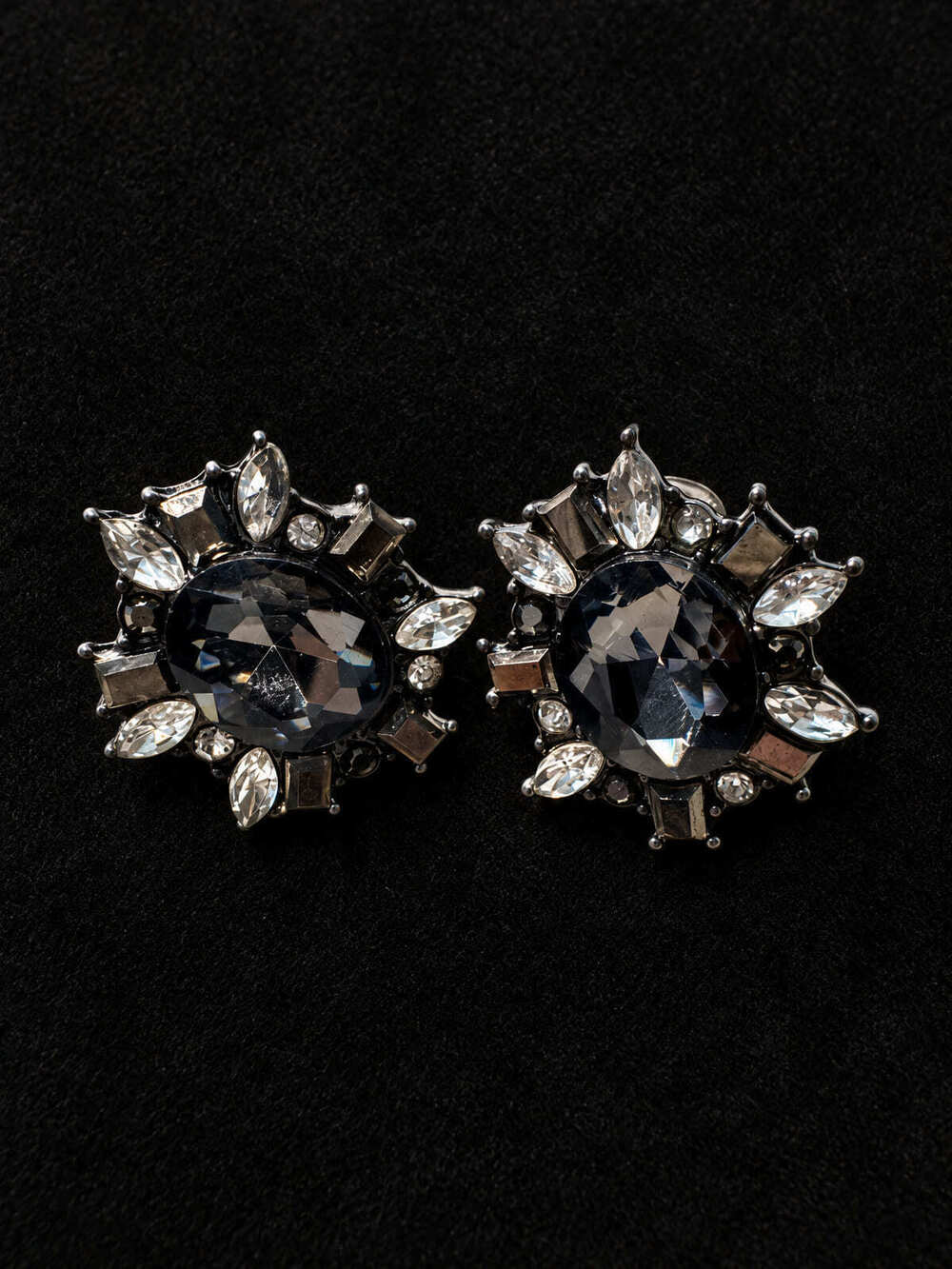 ⚜️ Clip-On Earrings | Statement Cocktail | Black Glass & Clear Rhinestone 💗